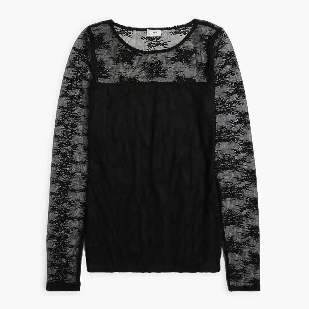 J. Crew Top Long Sleeve Sheer Lace Lined Slim Fit Gothic Tee Black NWT Medium
